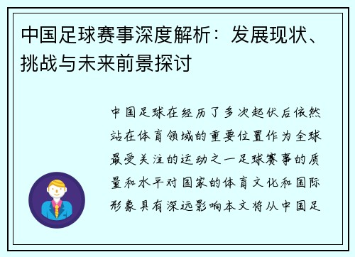 中国足球赛事深度解析：发展现状、挑战与未来前景探讨