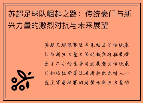 苏超足球队崛起之路：传统豪门与新兴力量的激烈对抗与未来展望