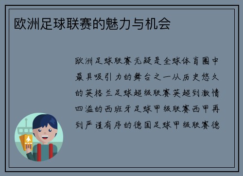 欧洲足球联赛的魅力与机会